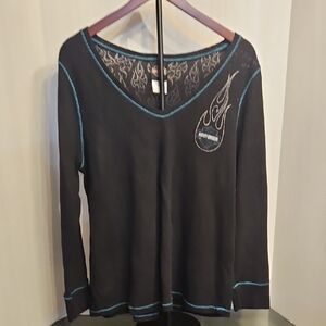 Harley Davidson Black Long Sleeve Top with Blue Details. Sheer Flame Back